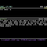 Màn hình máy tính Commodore 64 hiển thị ví dụ về câu chuyện được tạo bởi mô hình AI Llama2.c64.