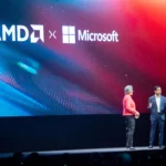 Màn hình máy tính hiển thị logo AMD và Microsoft, minh họa nỗ lực phát triển AI Copilot