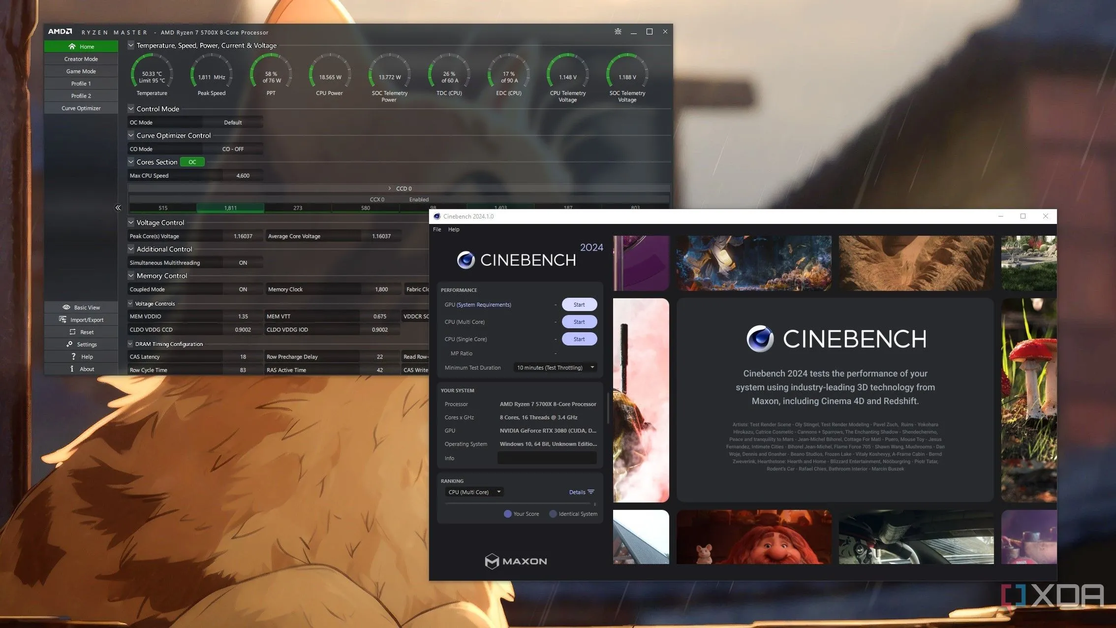 Màn hình máy tính hiển thị phần mềm Ryzen Master và kết quả benchmark Cinebench 2024, minh họa quá trình kiểm tra hiệu năng CPU thực tế.