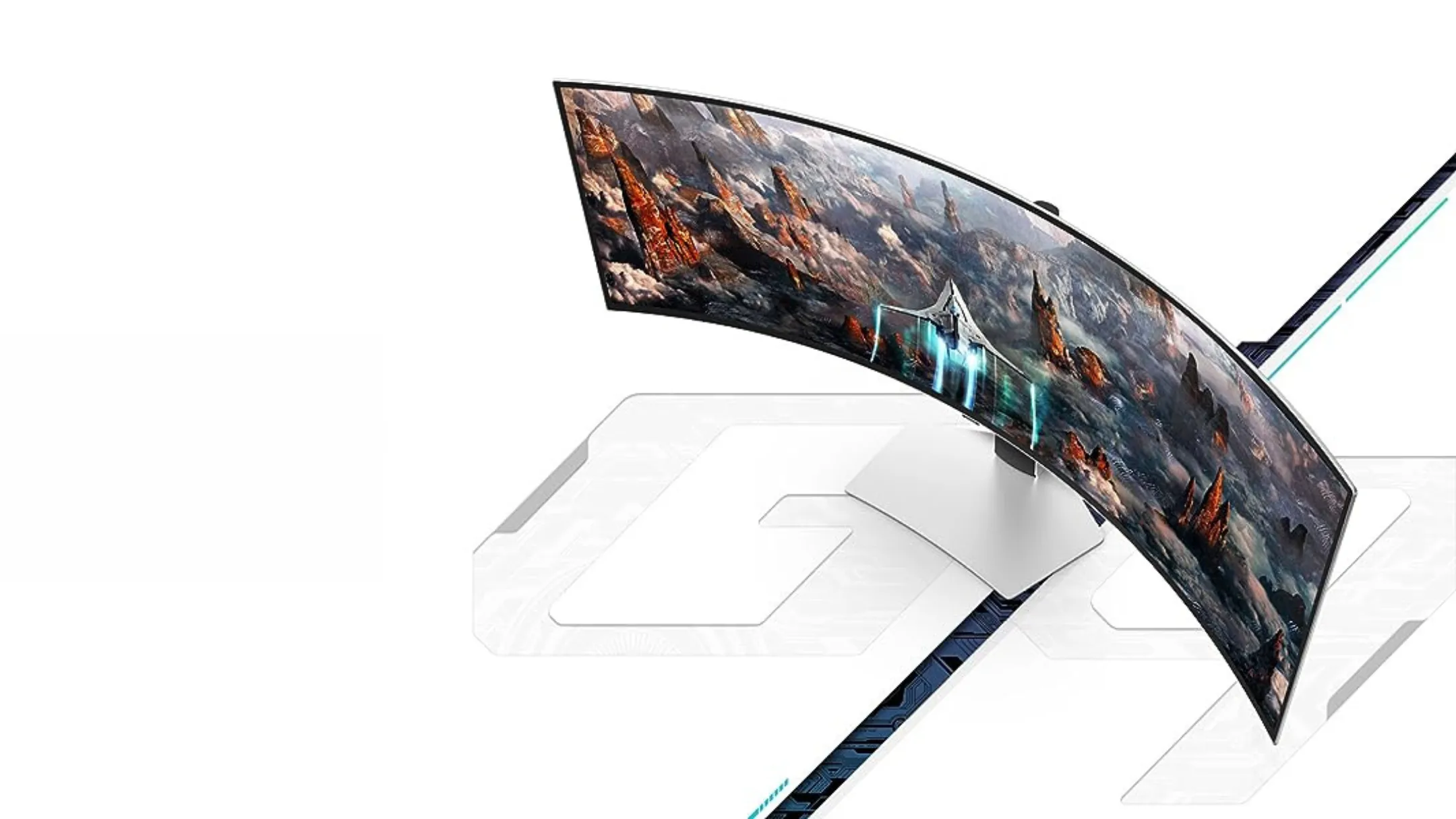 Màn hình Samsung Odyssey OLED 49 inch G93SC đặt trên bàn làm việc, thể hiện không gian hiển thị rộng