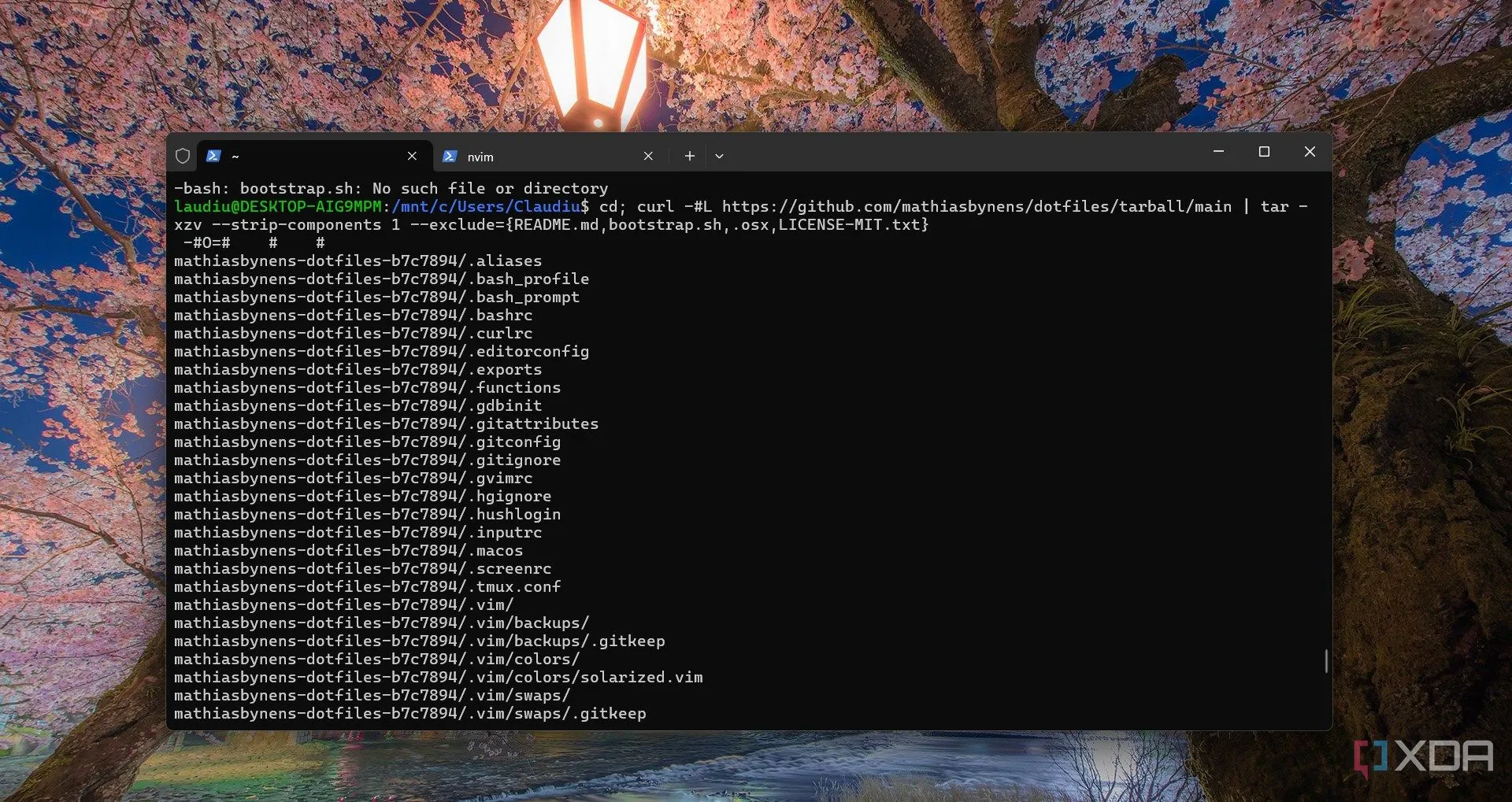 Màn hình terminal trên Windows Subsystem for Linux (WSL) đang thực hiện cài đặt hoặc nhân bản kho lưu trữ Dotfiles từ GitHub để thiết lập môi trường làm việc tự động