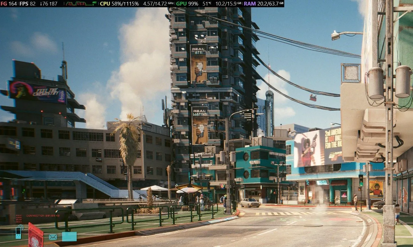 Màn hình theo dõi hiệu suất Steam Overlay tích hợp sâu trong game Cyberpunk 2077, hiển thị chi tiết thông số CPU, GPU và VRAM