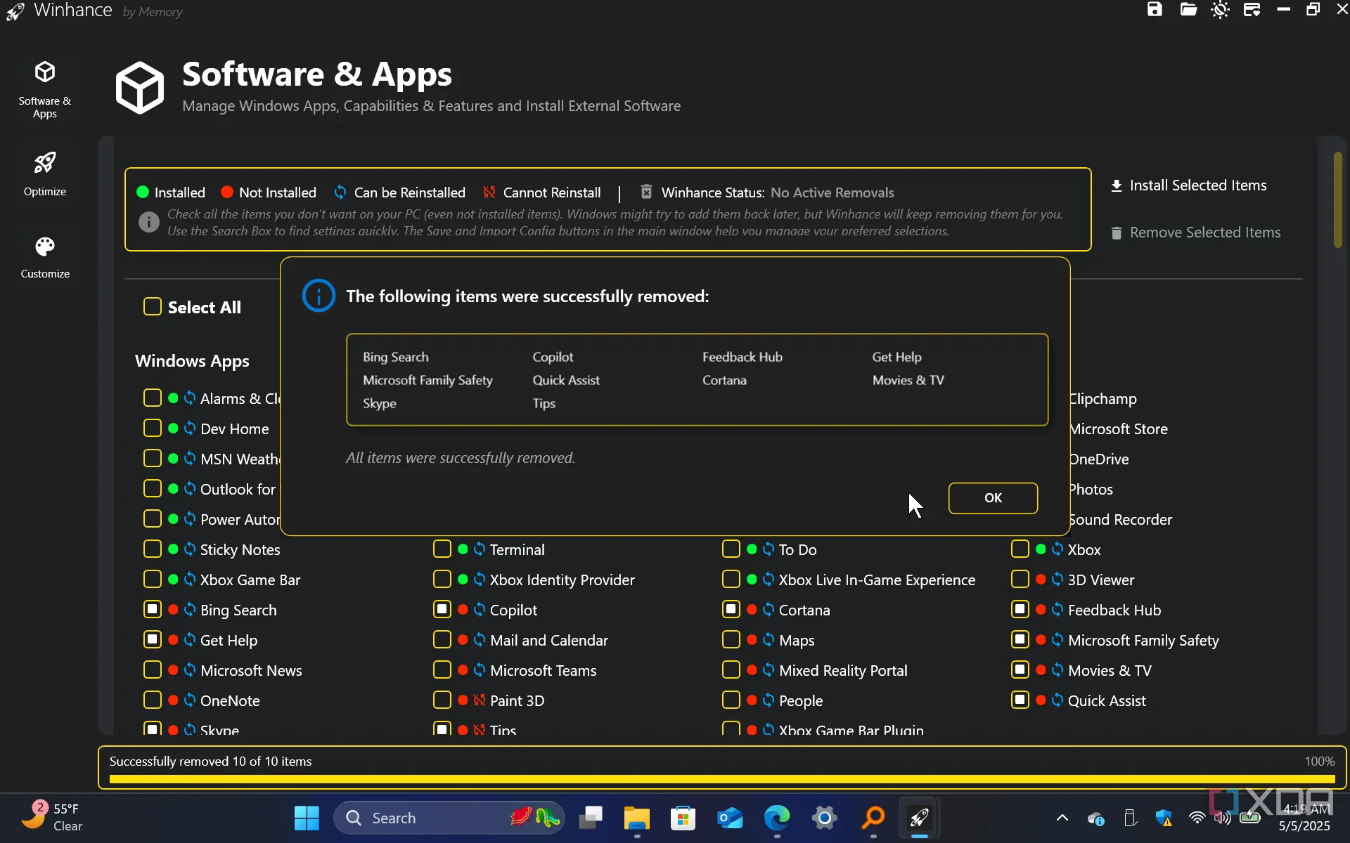 Màn hình thông báo Winhance đã gỡ bỏ thành công các ứng dụng và tính năng Windows