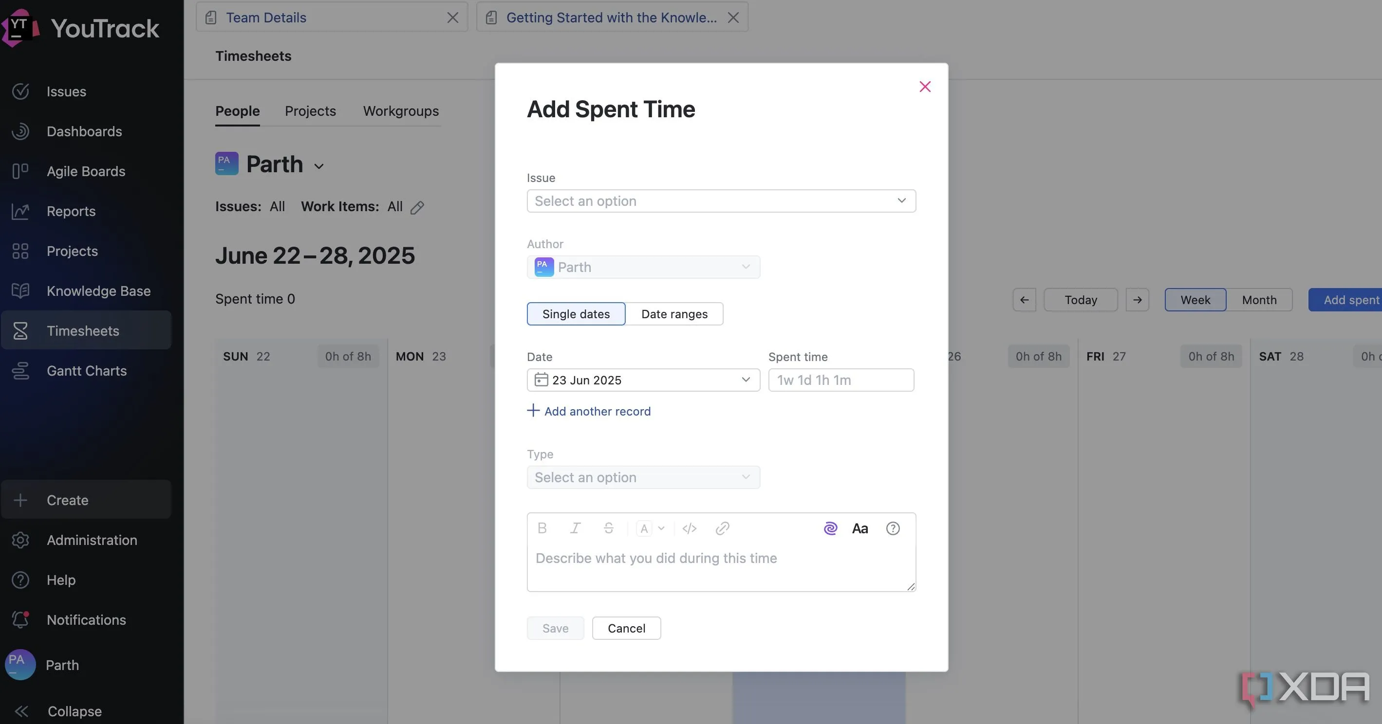 Màn hình Timesheets của YouTrack hiển thị chức năng theo dõi thời gian làm việc trên từng tác vụ
