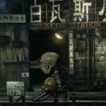 Màn hình trò chơi Garage Bad Dream Adventure tại một trạm nhiên liệu bị bỏ hoang, thể hiện không khí siêu thực và hoang vắng