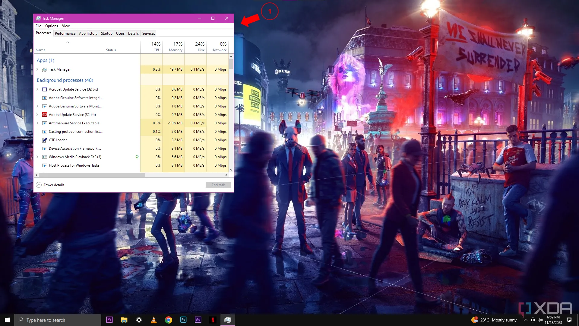 Màn hình Windows 10 với Task Manager mở ở tab Processes.
