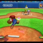 Mario ném bóng trong game Mario Super Sluggers, biểu tượng của series Mario Baseball