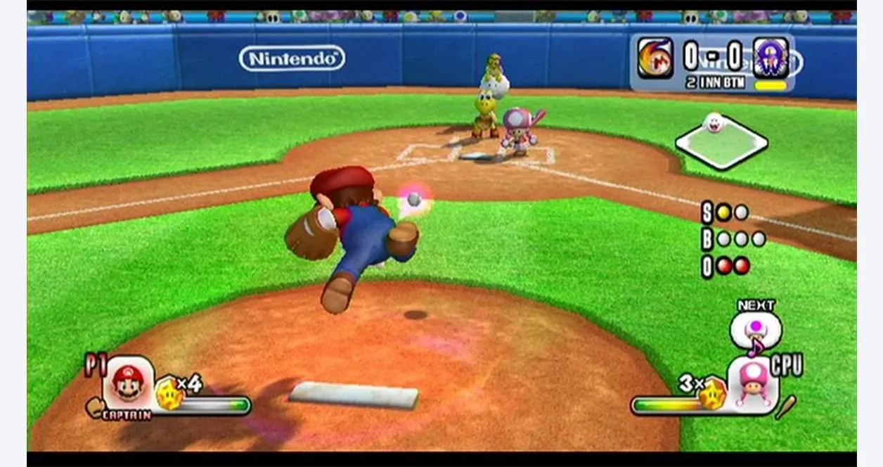 Mario ném bóng trong game Mario Super Sluggers, biểu tượng của series Mario Baseball