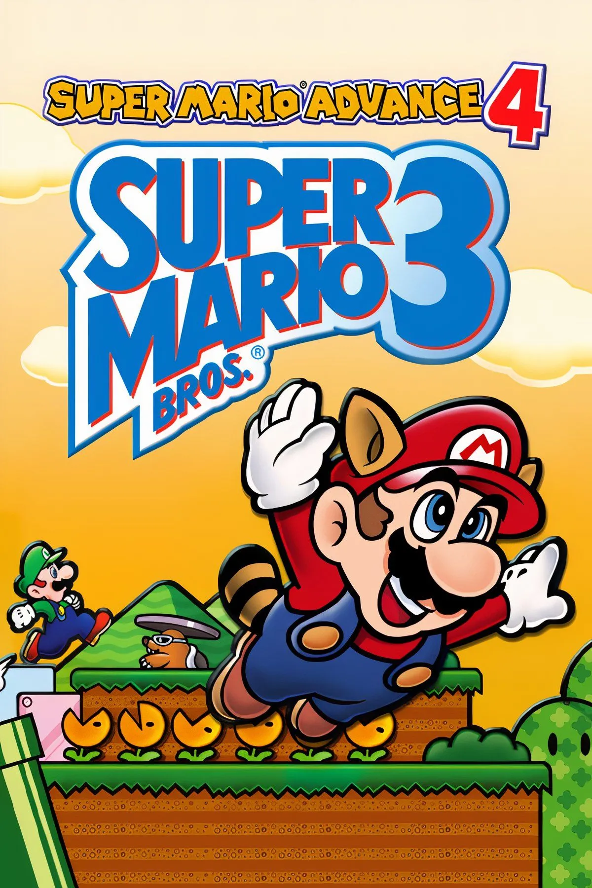 Mario trong bộ đồ Tanooki trong game Super Mario Advance 4: Super Mario Bros. 3, tái hiện đồ họa pixel cổ điển trên GBA.