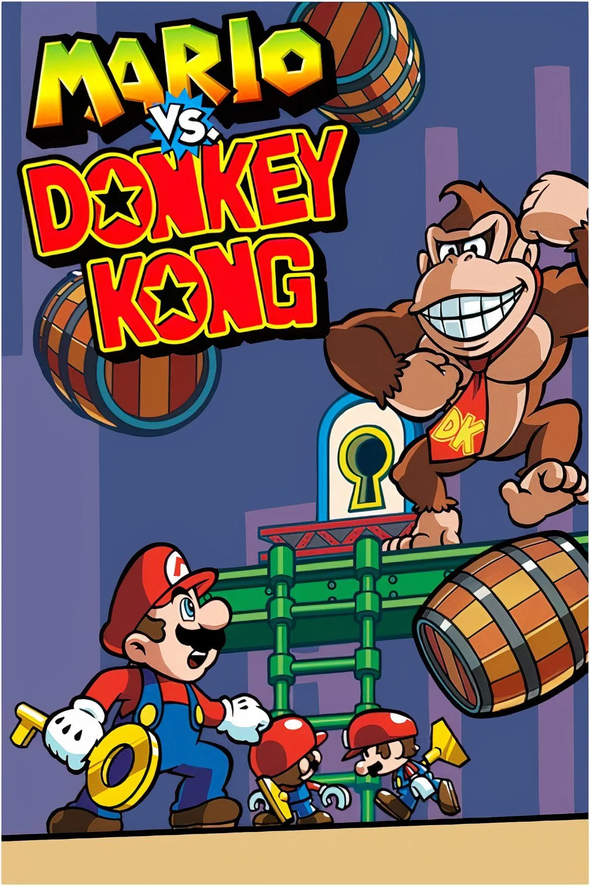 Mario và các Mini-Mario trong Mario vs. Donkey Kong, thể hiện lối chơi giải đố kết hợp platforming độc đáo.