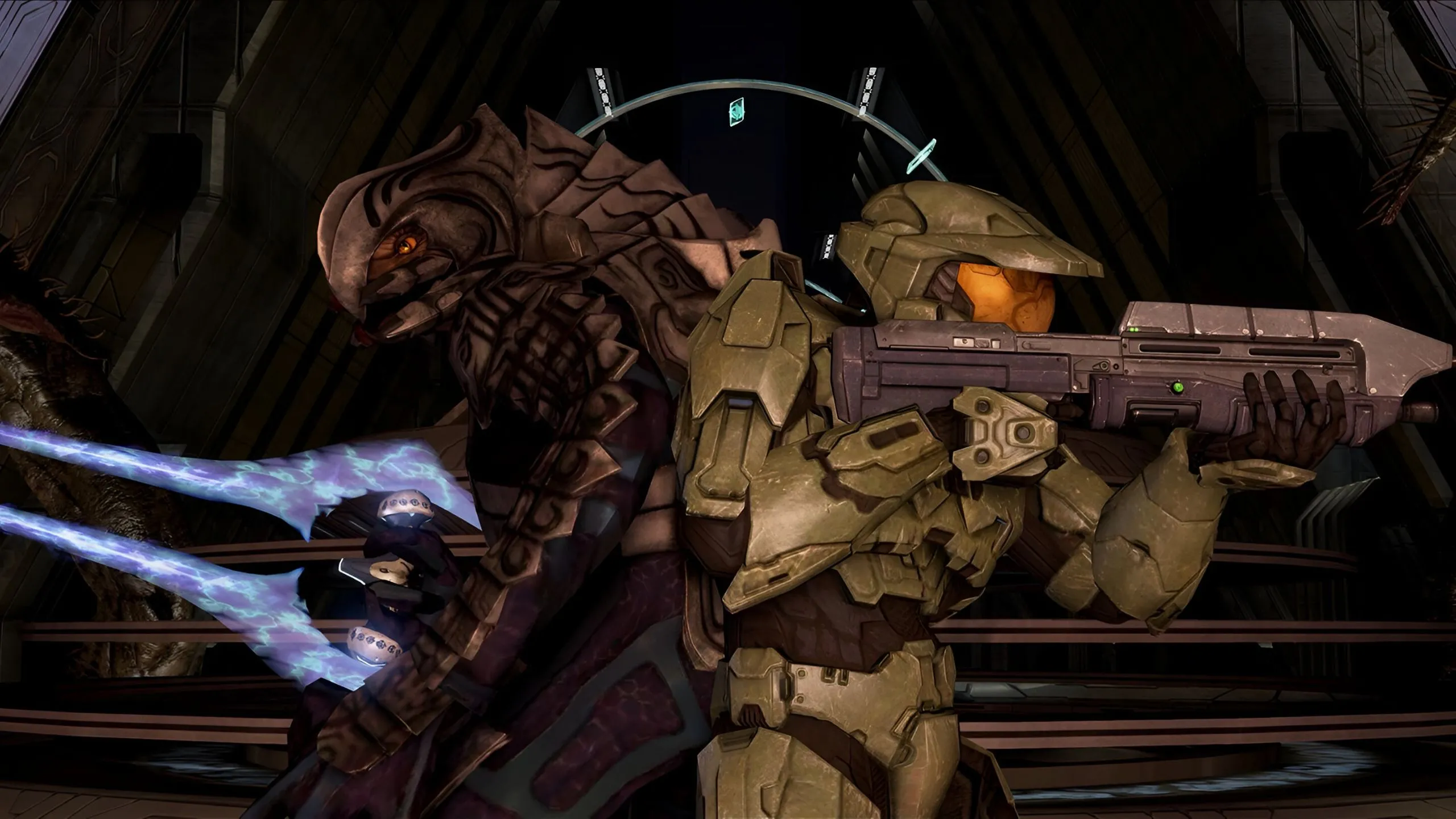 Master Chief và The Arbiter cùng chiến đấu trong chế độ co-op của game Halo 3, biểu tượng của kỷ nguyên game split-screen.