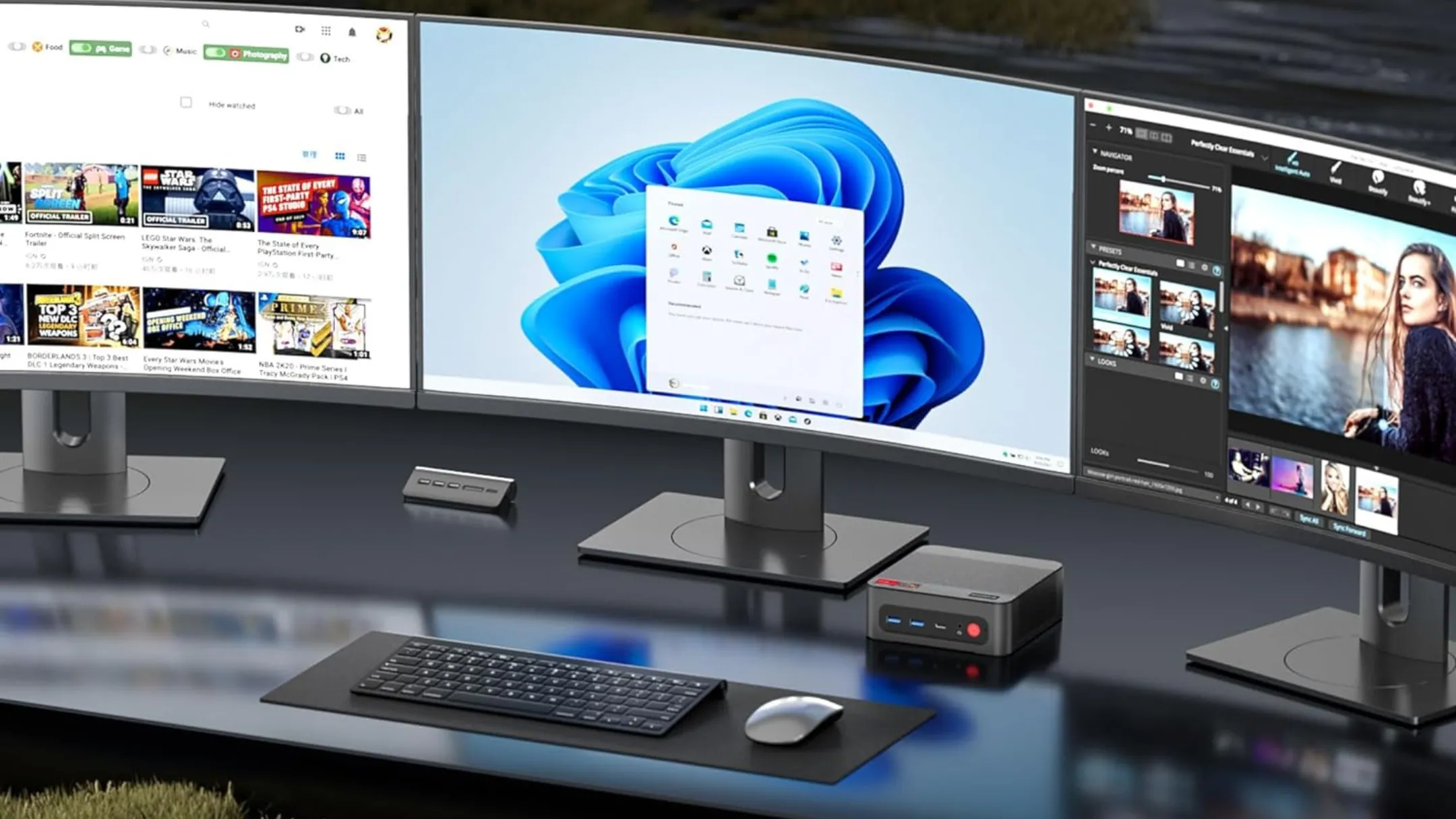 Mặt sau Mini PC Bosgame P4 Plus với đa dạng cổng kết nối như USB-A, USB-C, HDMI, DisplayPort và Ethernet