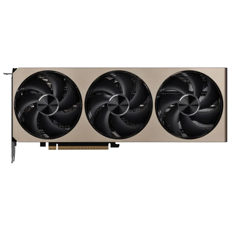 Mặt trên của card MSI Inspire RTX 5080 3X OC hiển thị các chi tiết tản nhiệt và logo MSI.