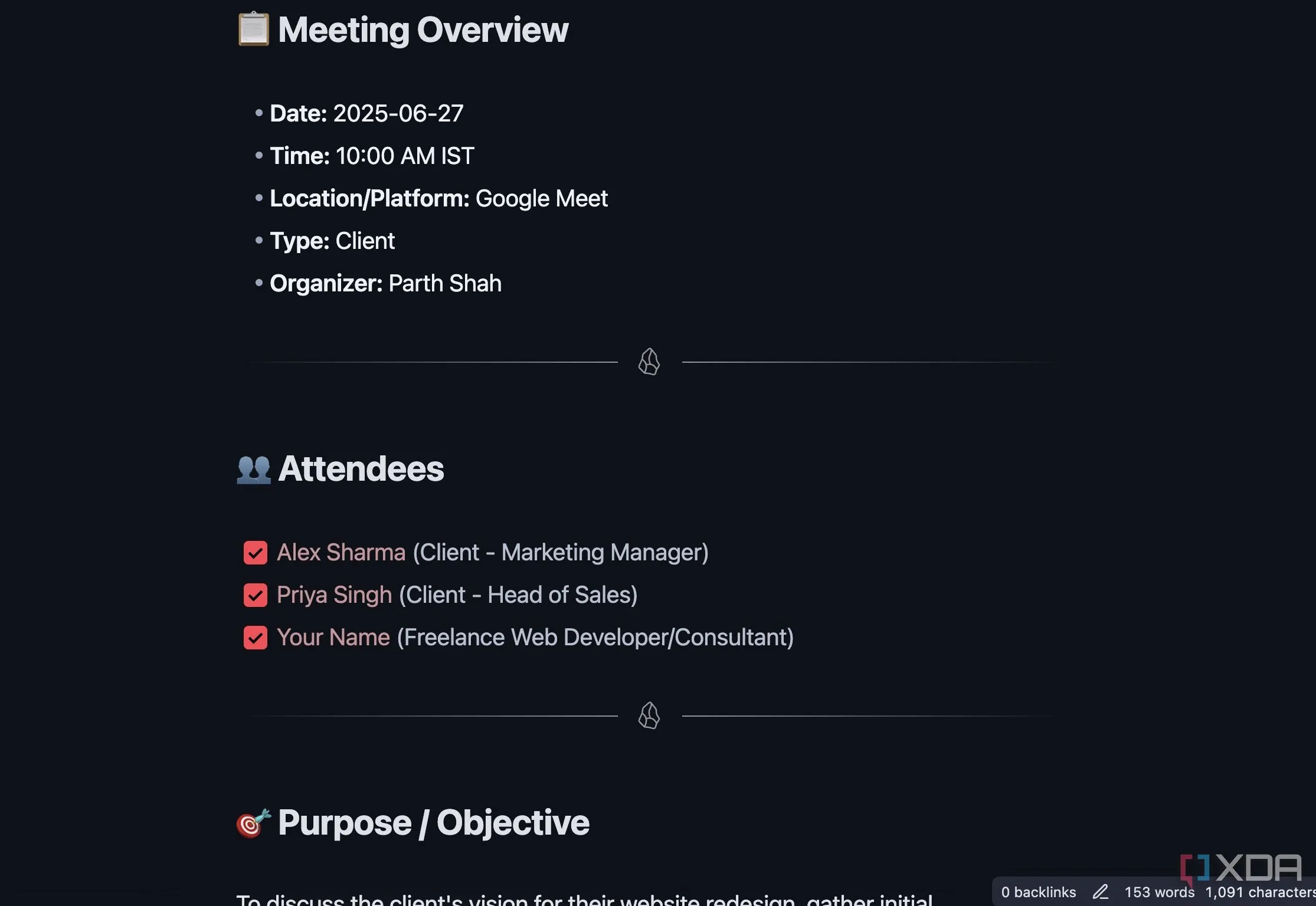 Mẫu ghi chú cuộc họp (Meeting Notes) trong Obsidian với các phần được tổ chức rõ ràng bao gồm Meeting Overview, Attendees, Purpose, Agenda Items và bảng Action Items, giúp theo dõi hiệu quả các quyết định và nhiệm vụ.