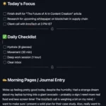 Mẫu ghi chú hàng ngày (Daily Note) trong Obsidian hiển thị cấu trúc khoa học với các phần như Today's Focus, Daily Checklist và mục Reflection để tối ưu việc ghi lại hoạt động và suy nghĩ mỗi ngày.