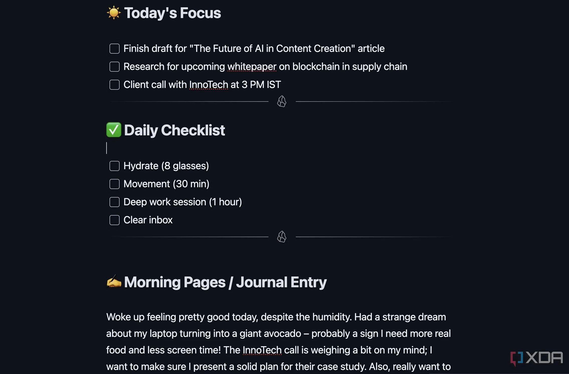 Mẫu ghi chú hàng ngày (Daily Note) trong Obsidian hiển thị cấu trúc khoa học với các phần như Today's Focus, Daily Checklist và mục Reflection để tối ưu việc ghi lại hoạt động và suy nghĩ mỗi ngày.