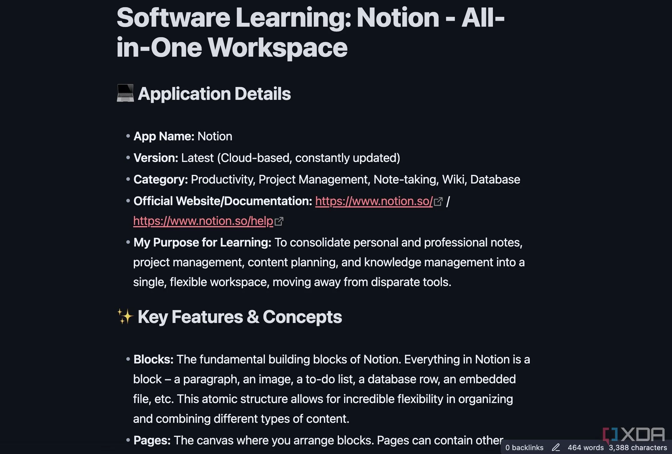 Mẫu học phần mềm (Software Learning Template) trong Obsidian, được thiết kế để ghi chú các thông tin quan trọng về ứng dụng như tên, phiên bản, tính năng chính, quy trình làm việc và các mẹo nhỏ, hỗ trợ quá trình tìm hiểu và ghi nhận kiến thức công nghệ.
