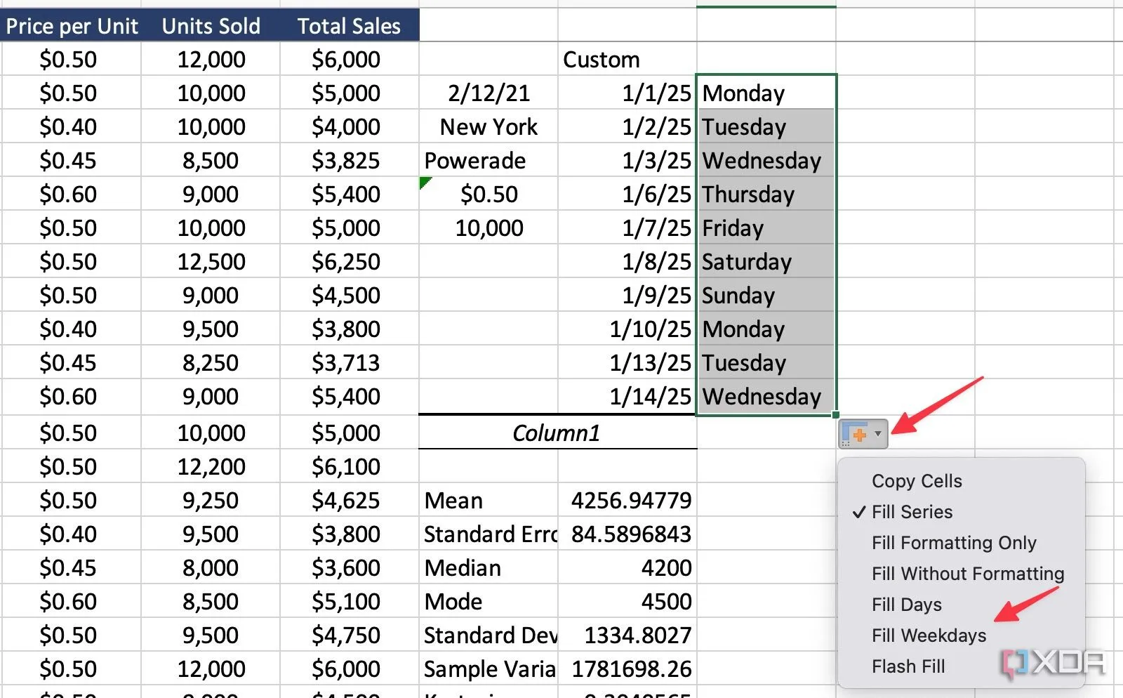 Menu tùy chọn tự động điền (AutoFill) trong Excel cho chuỗi dữ liệu