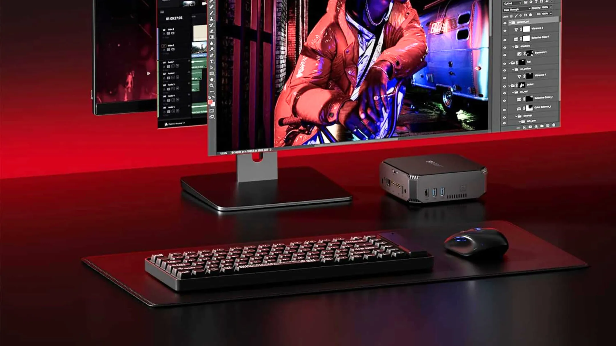 Mini PC FIREBAT AK2 hoạt động trên bàn làm việc với thiết lập đa màn hình