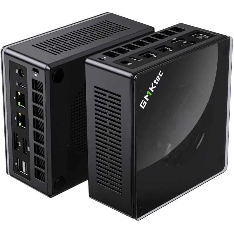 Mini PC GMKtec NucBox K8 Plus với thiết kế nhỏ gọn và logo thương hiệu