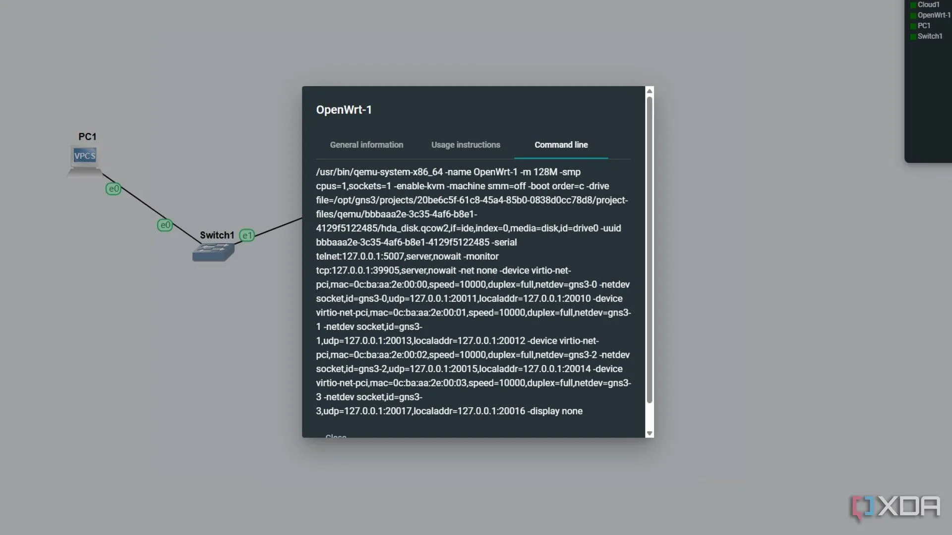 Mô phỏng bộ định tuyến OpenWrt trên nền tảng QEMU trong GNS3, minh họa khả năng chạy các hệ điều hành mạng mã nguồn mở.