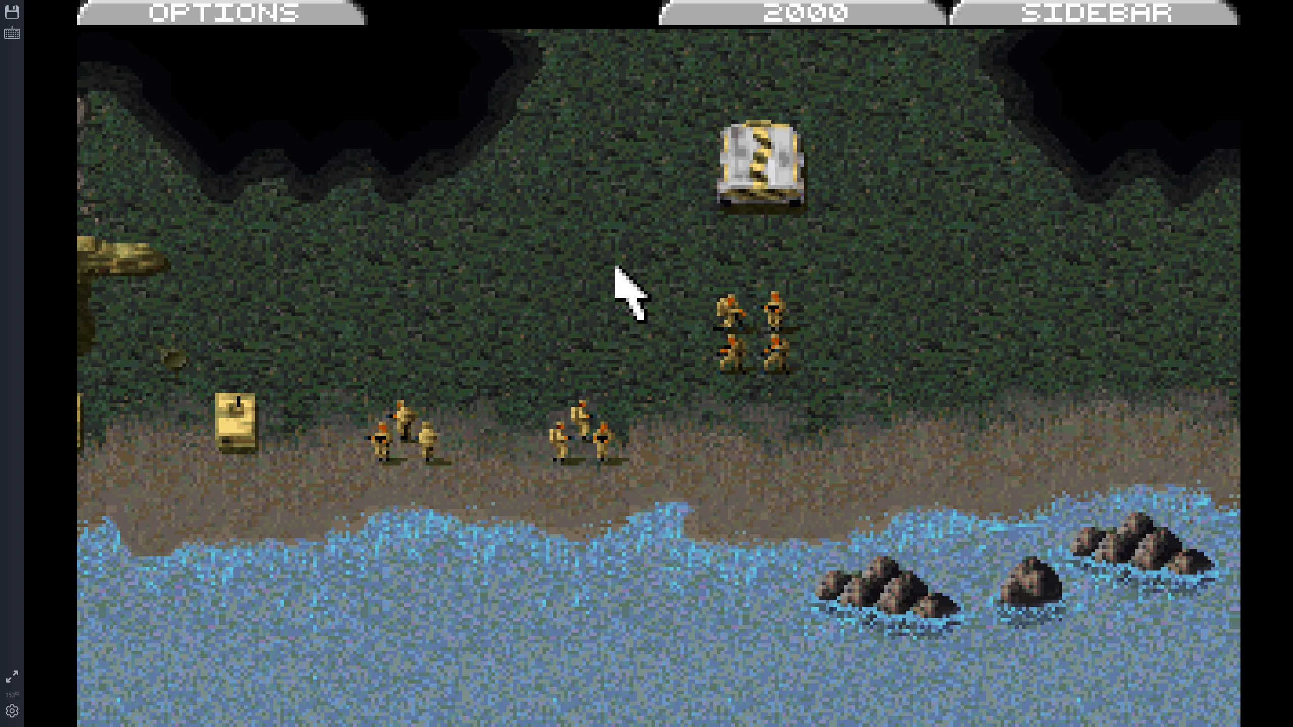 Một ảnh chụp màn hình từ trò chơi DOS Command &amp; Conquer, hiển thị các đơn vị quân đội của GDI đang di chuyển gần một con sông