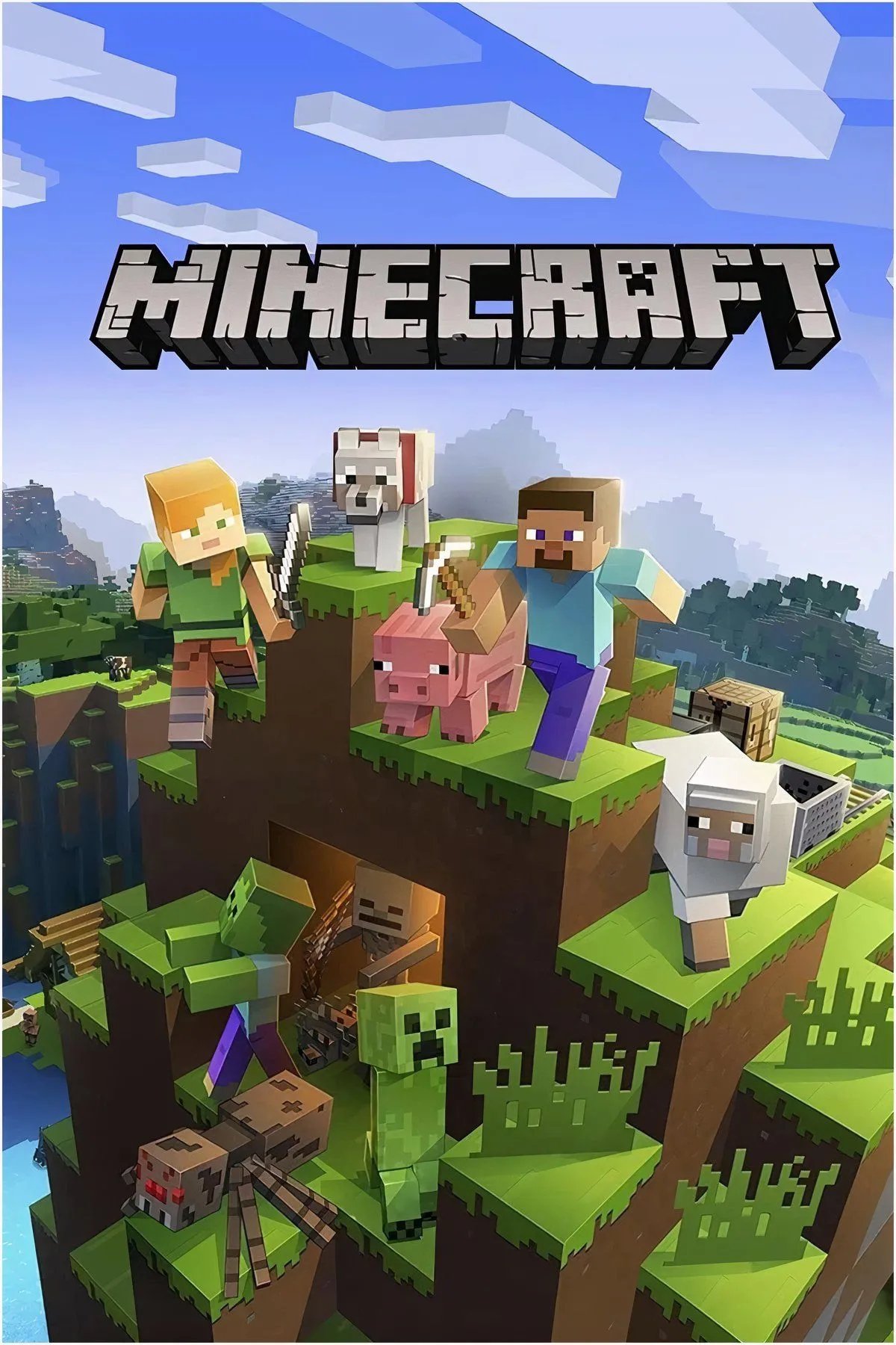 Một bức tranh ghép đa dạng về thế giới Minecraft với các khối hình và nhân vật đặc trưng.