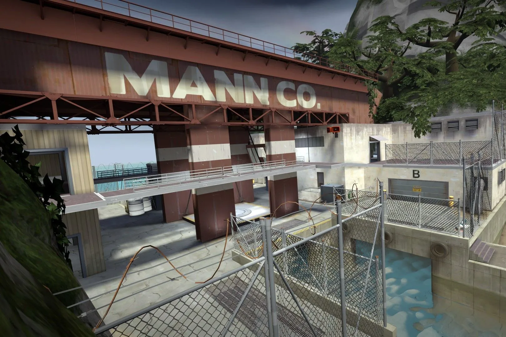 Một cảnh chơi game vui nhộn của các nhân vật đa dạng trong Team Fortress 2, thể hiện phong cách đồ họa đặc trưng của game