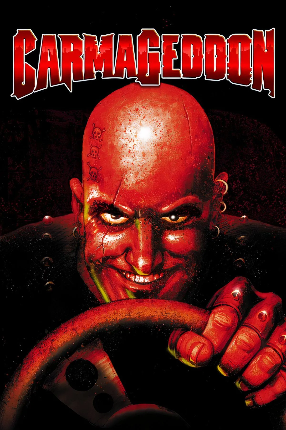Một cảnh game Carmageddon, cho thấy chiếc xe đang lao vào một nhóm người đi bộ trên đường phố