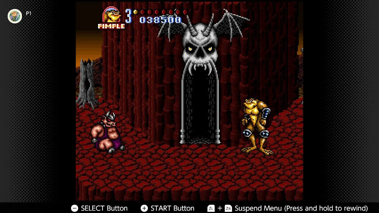 Một cảnh quay từ trò chơi Battletoads in Battlemaniacs trên SNES, được chụp từ ứng dụng Nintendo Switch Online