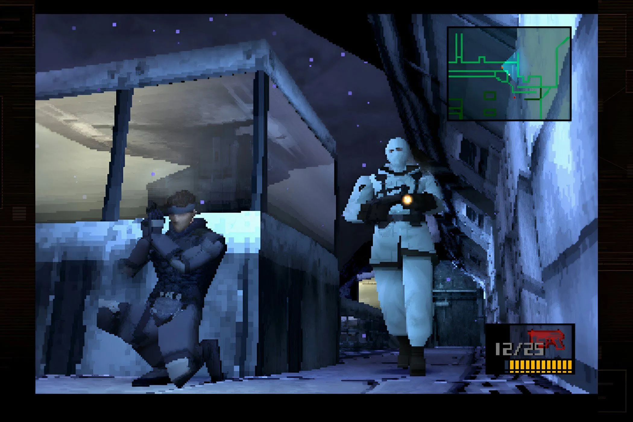 Một cảnh trong trò chơi Metal Gear Solid (1998) của Hideo Kojima, thể hiện yếu tố lén lút đặc trưng.