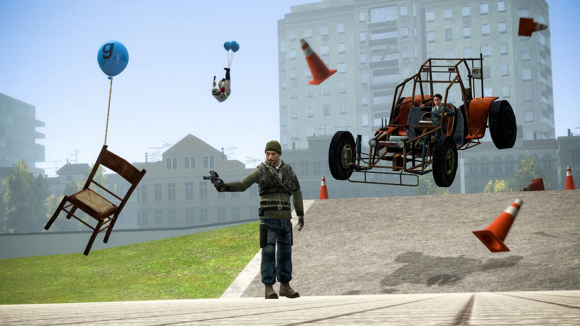 Một công trình phức tạp được tạo ra bằng công cụ vật lý trong Garry's Mod, cho thấy khả năng tùy biến và sáng tạo không giới hạn.