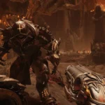 Một Hell Knight trong Doom: The Dark Ages, với ánh mắt đỏ rực và giáp trụ đen, đứng trên nền cảnh quan địa ngục tăm tối.
