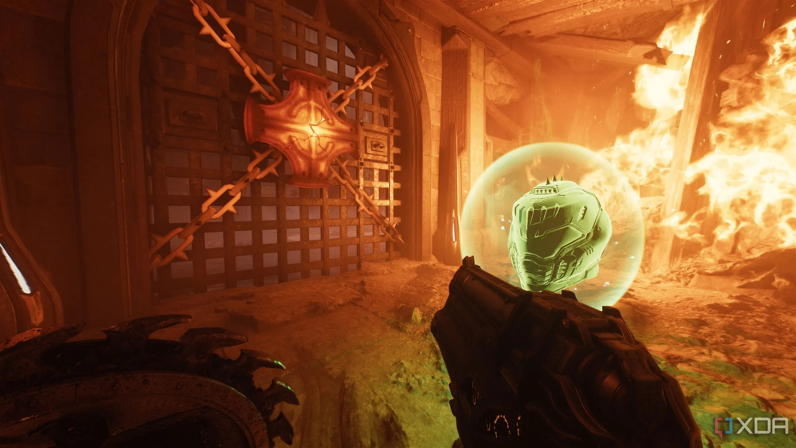 Một Life Sigil phát sáng và một thánh giá kim loại đang nóng chảy, báo hiệu một khu vực nguy hiểm trong Doom The Dark Ages Chapter 7.
