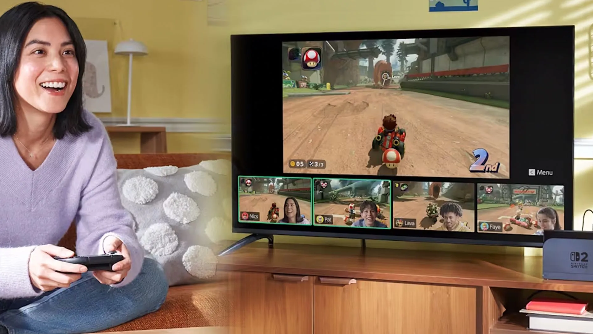 Một người chơi đang trải nghiệm tựa game Mario Kart World trên máy chơi game Nintendo Switch 2.