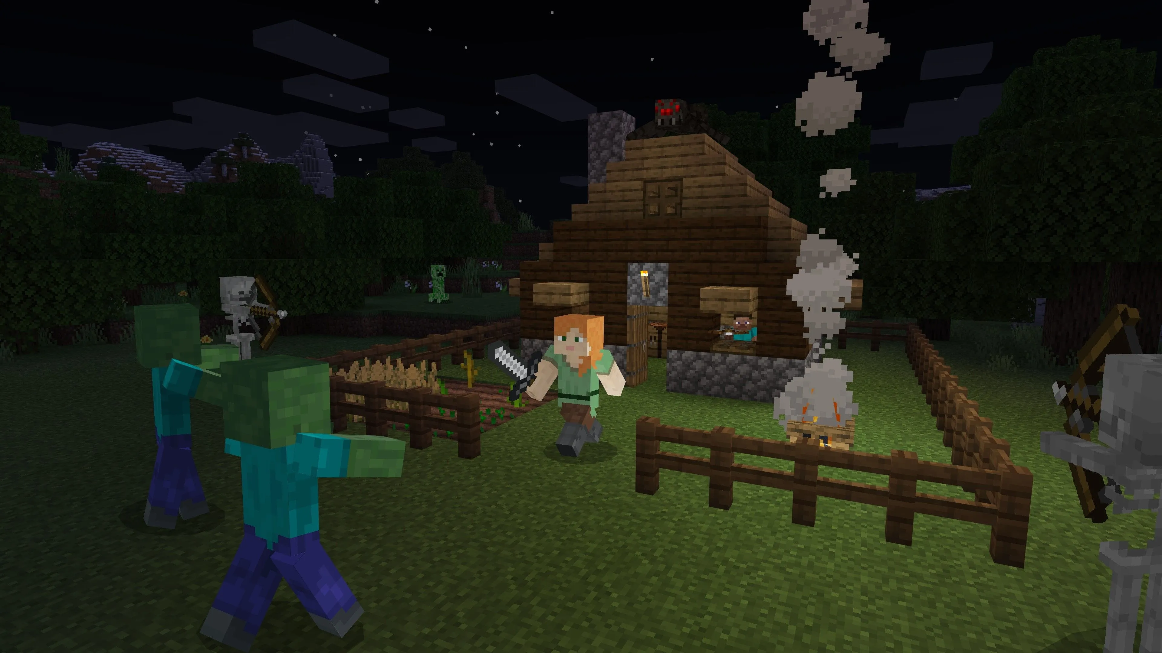 Một nhân vật đang chiến đấu với quái vật trong Minecraft, minh họa cho lối chơi sinh tồn và sáng tạo không giới hạn.