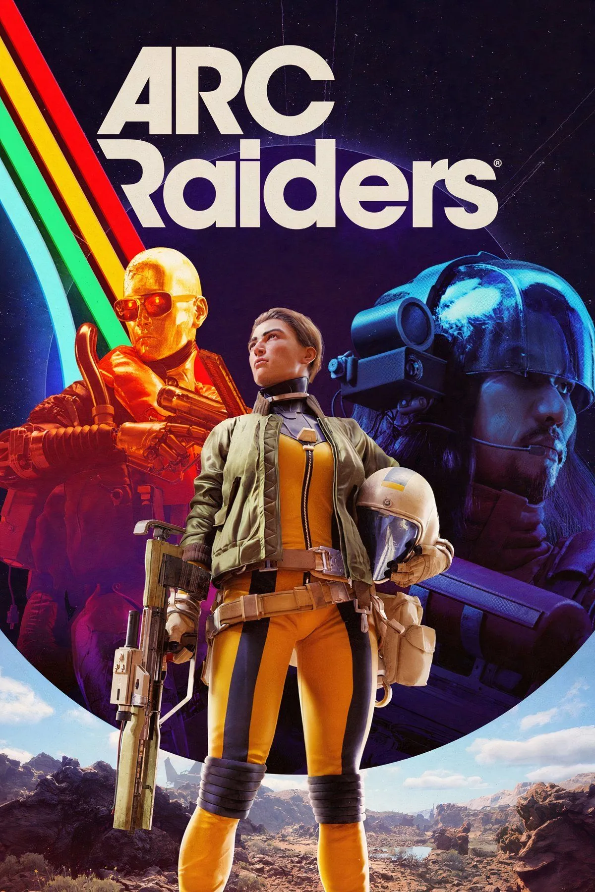 Một nhóm Raiders đang chiến đấu chống lại robot khổng lồ ARC trong môi trường đổ nát