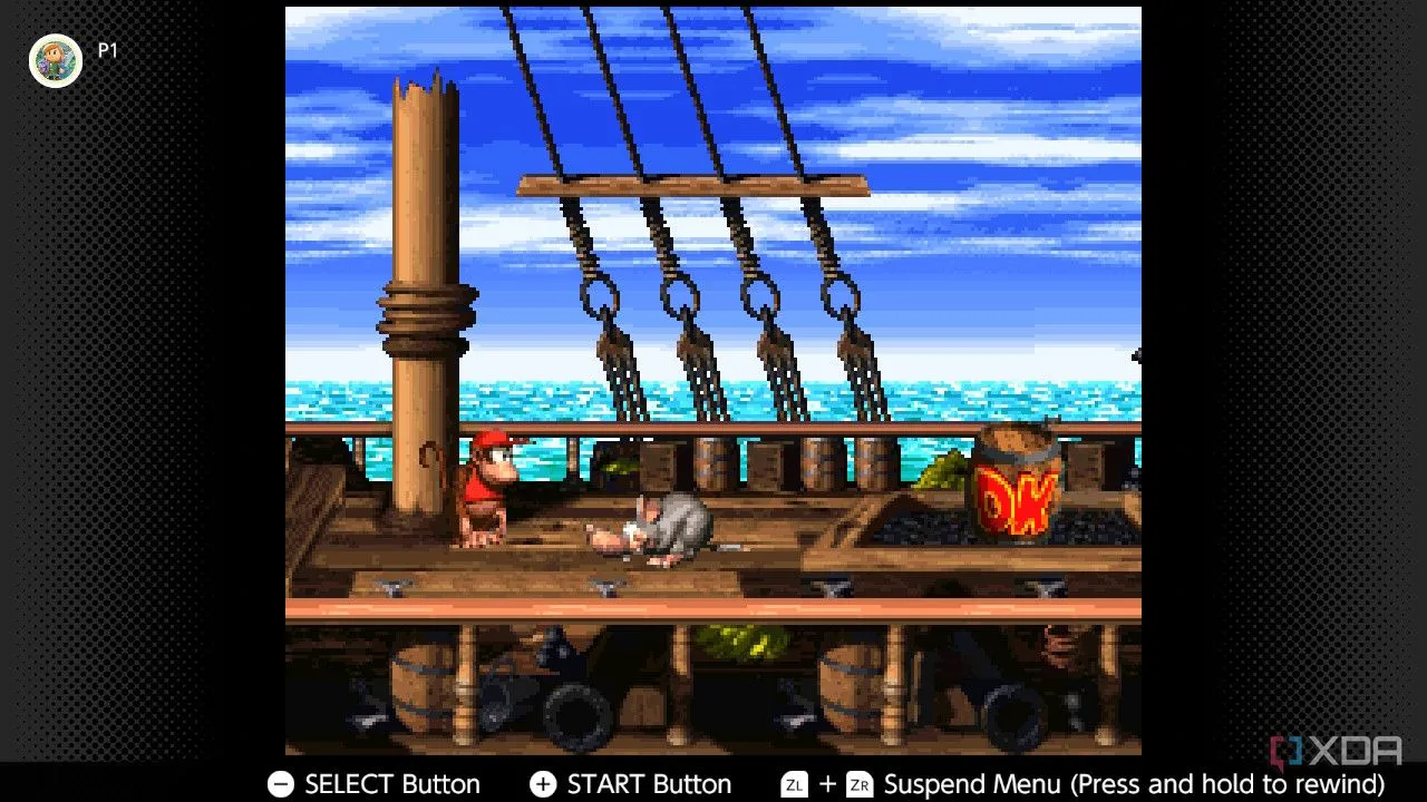 Một phân cảnh của trò chơi Donkey Kong Country 2 trên hệ máy Super Nintendo, được chơi qua dịch vụ Nintendo Switch Online