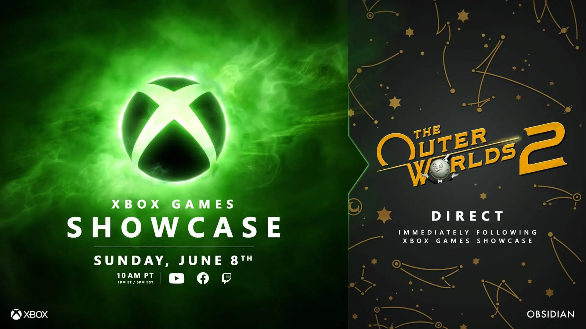 Một quảng cáo lớn thông báo sự kiện Xbox Games Showcase 2025, kèm theo logo và hình ảnh của The Outer Worlds 2 Direct.