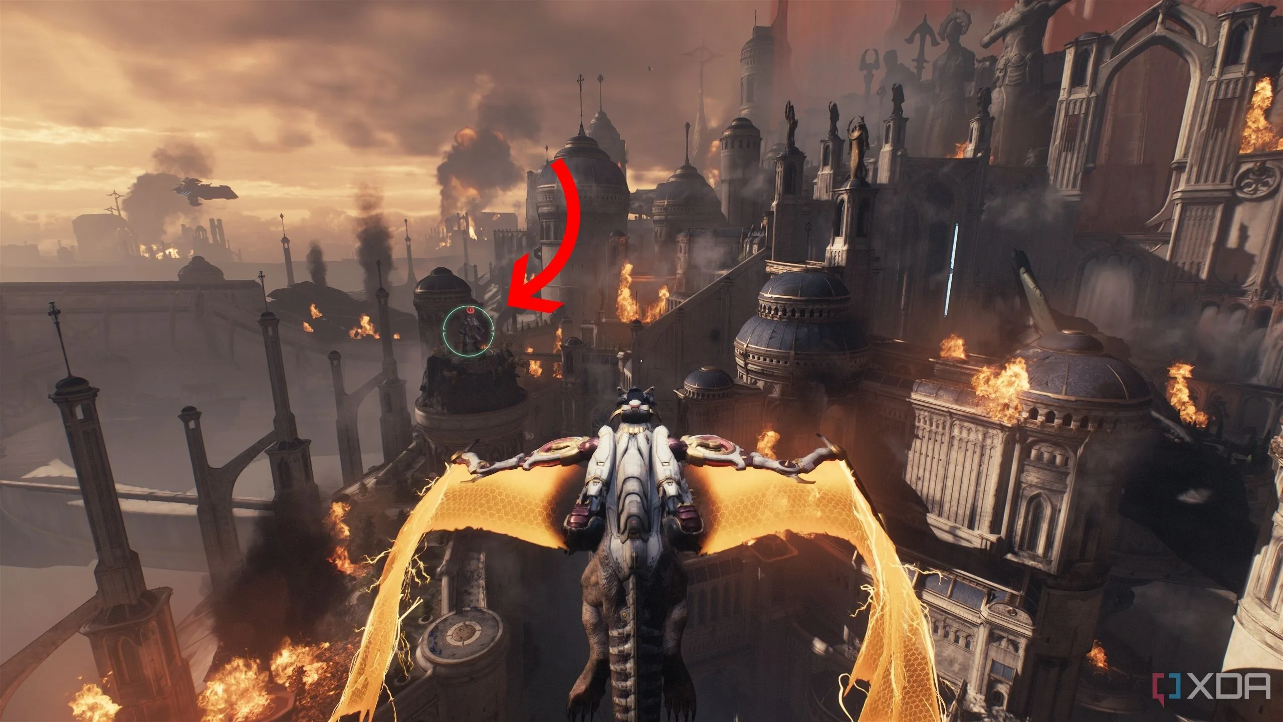 Mũi tên chỉ rõ khu vực hạ cánh Titan bí mật đầu tiên tại Thành phố Thánh Aratum, nơi Doom Slayer có thể chiến đấu với những kẻ thù mạnh trong Doom The Dark Ages.