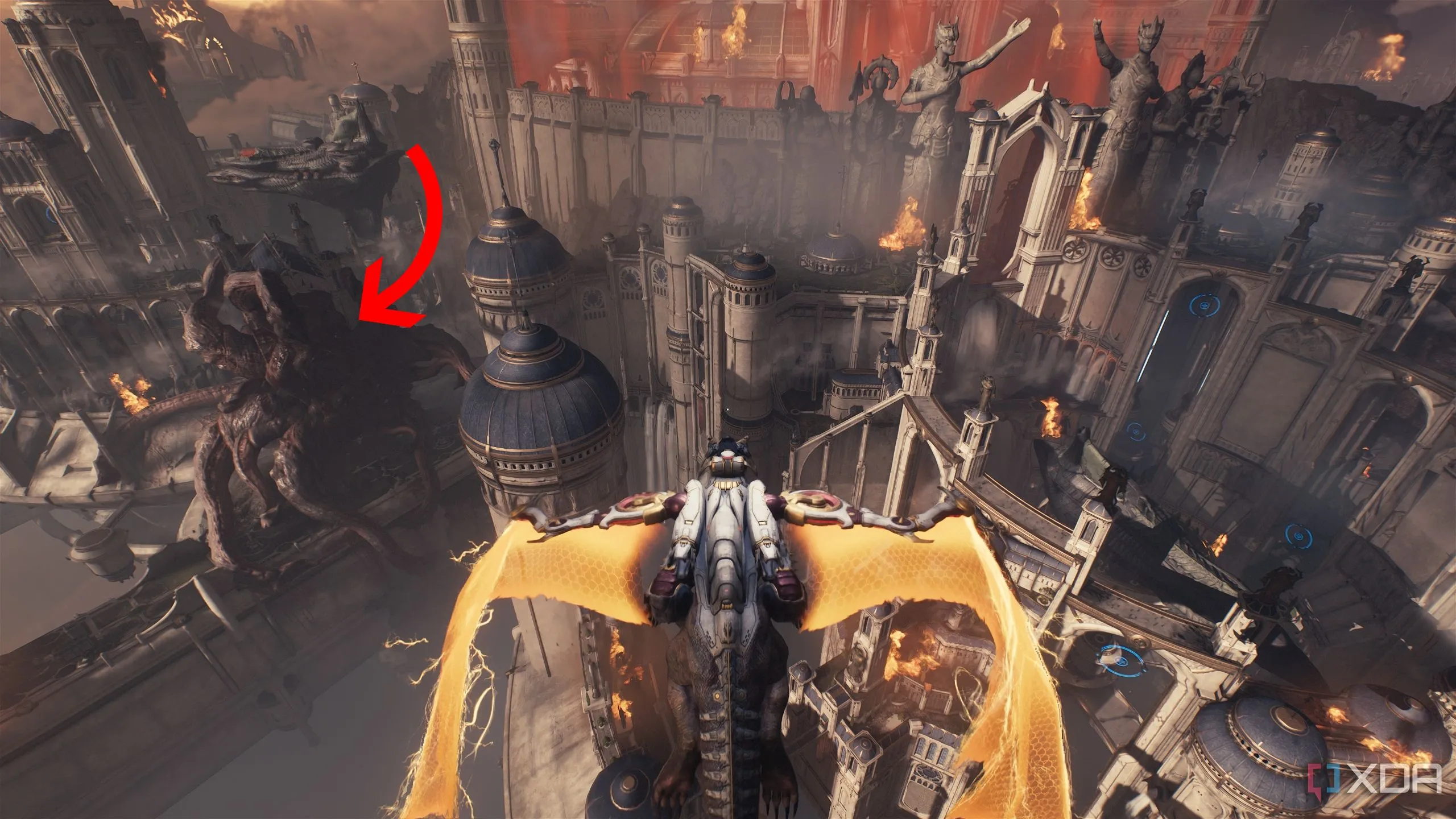 Mũi tên chỉ rõ quái vật Leviathan quỷ dữ khổng lồ gần cổng chính của Thành phố Thánh Aratum, một mục tiêu tiếp theo để Doom Slayer đối phó trong Doom The Dark Ages.