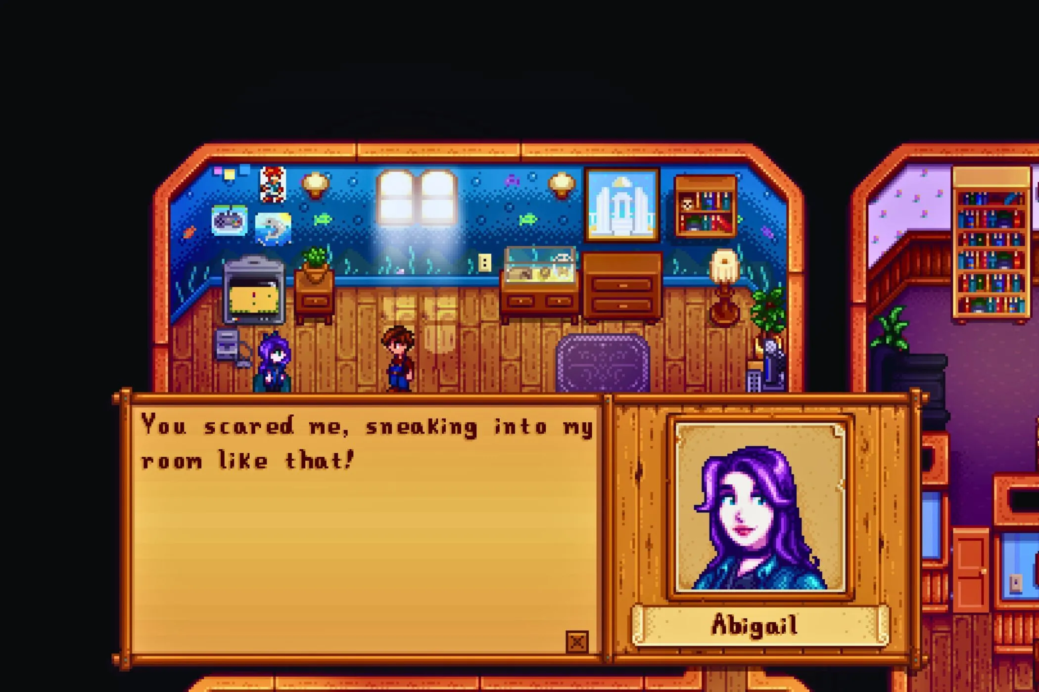 Người chơi Stardew Valley đang trò chuyện với nhân vật Abigail trong nhà cô ấy, minh họa cho hệ thống tương tác NPC sâu sắc và hoàn toàn miễn phí trong game, không yêu cầu microtransaction.