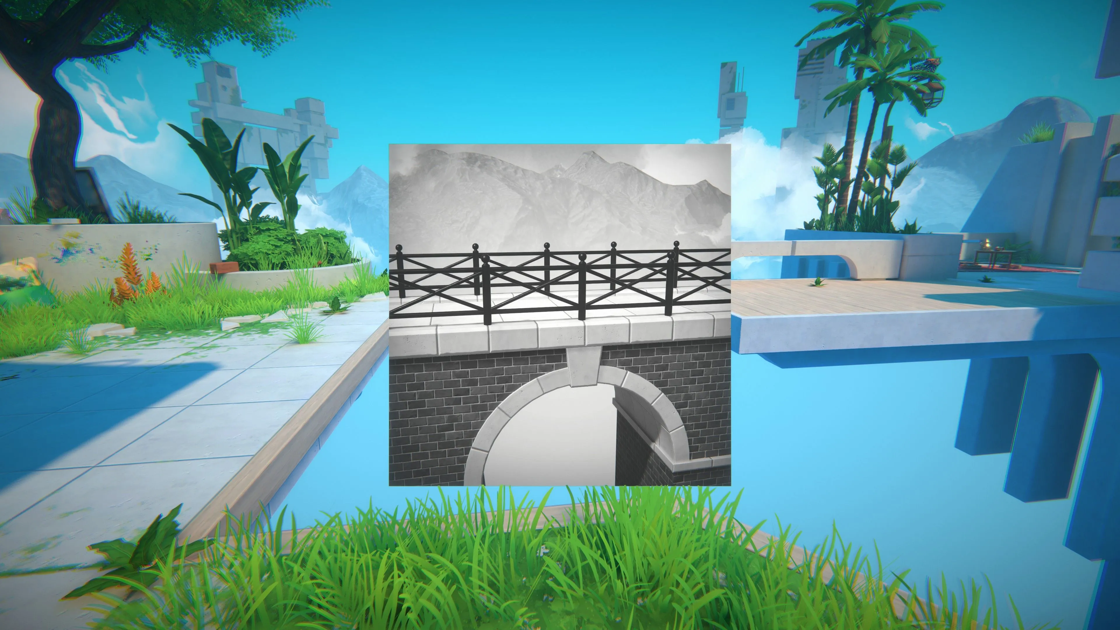 Người chơi trong Viewfinder sử dụng một bức ảnh để tạo ra cây cầu bắc qua khe nứt, thể hiện cơ chế giải đố độc đáo