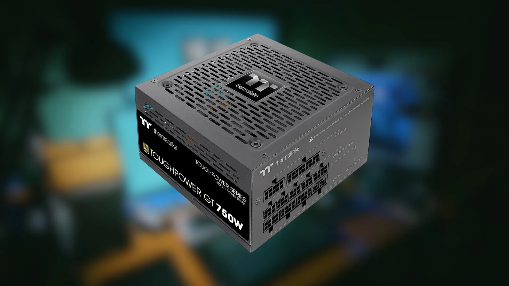 Nguồn Thermaltake Toughpower GT 750W mô tả các cổng kết nối và quạt tản nhiệt