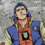 Nhân vật chính Jonathan Ingram trong Policenauts với bản đồ thuộc địa không gian phía sau.