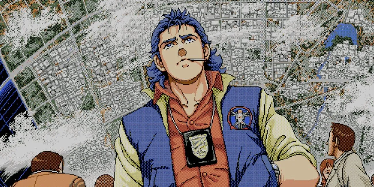 Nhân vật chính Jonathan Ingram trong Policenauts với bản đồ thuộc địa không gian phía sau.