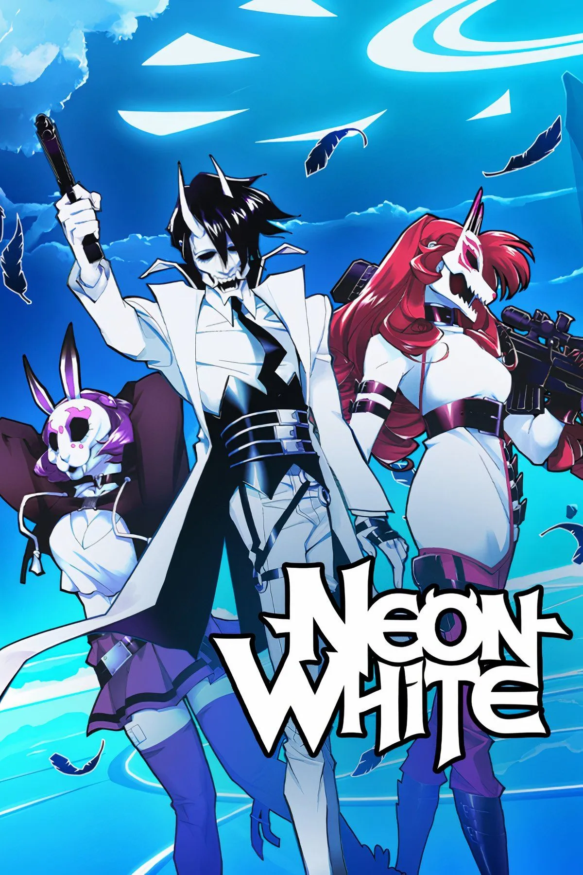 Nhân vật chính Neon White trong pha hành động tốc độ cao, thể hiện gameplay bắn súng độc đáo