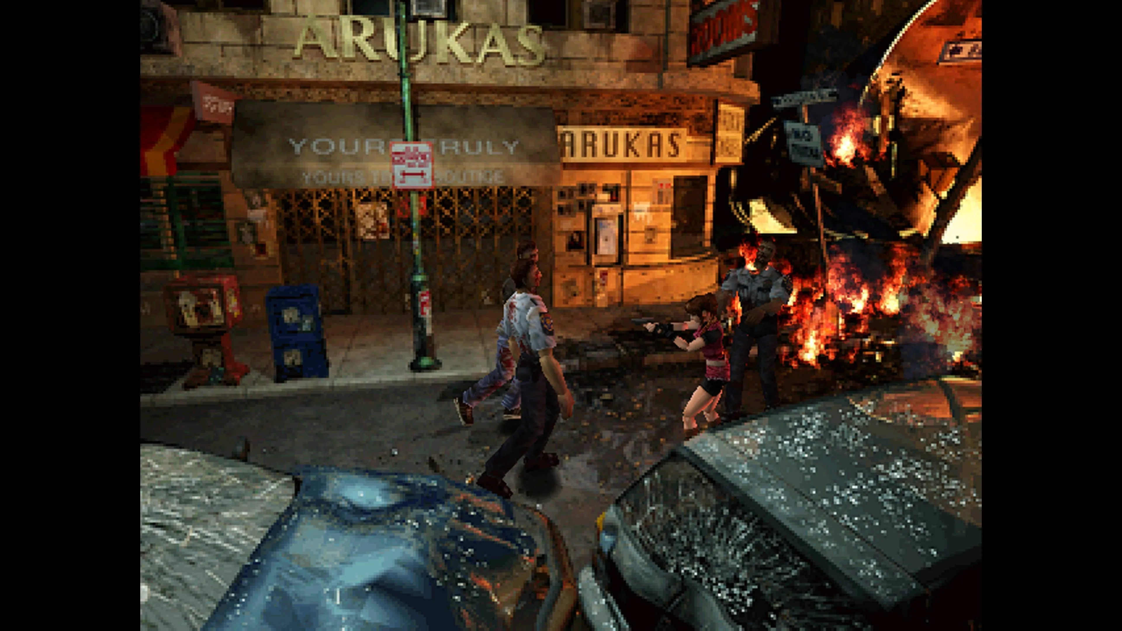Nhân vật Claire Redfield đối mặt zombie trên đường phố trong game Resident Evil 2 cổ điển