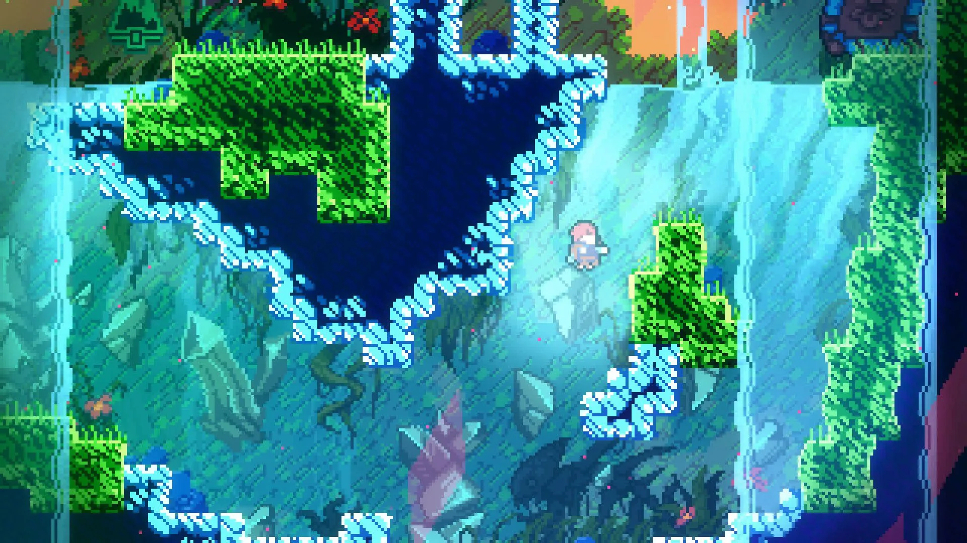 Nhân vật đang nhảy về phía một bệ xanh trong môi trường hang động ngầm của game Celeste.