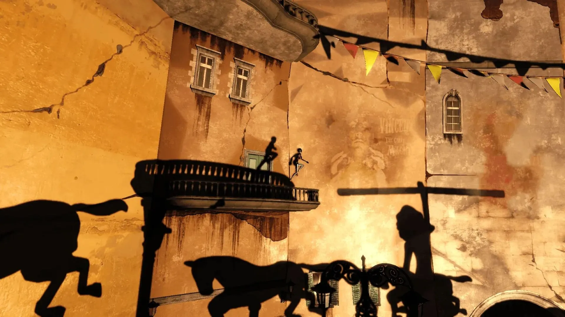 Nhân vật Dawn trong game Contrast di chuyển trên các hình bóng đổ, minh họa cơ chế chơi độc đáo của game
